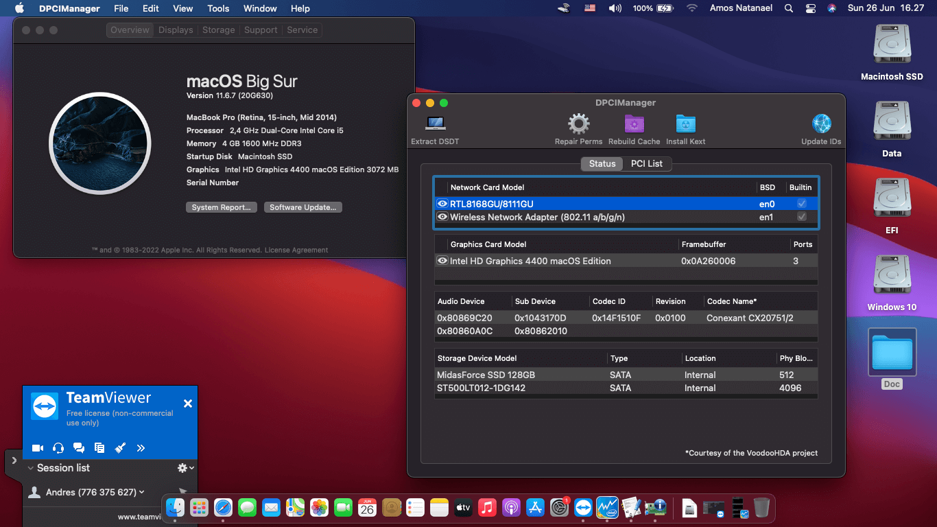 Success Hackintosh macOS Big Sur 11.6.7 Build 20G630 in Asus A455LD-WX104D